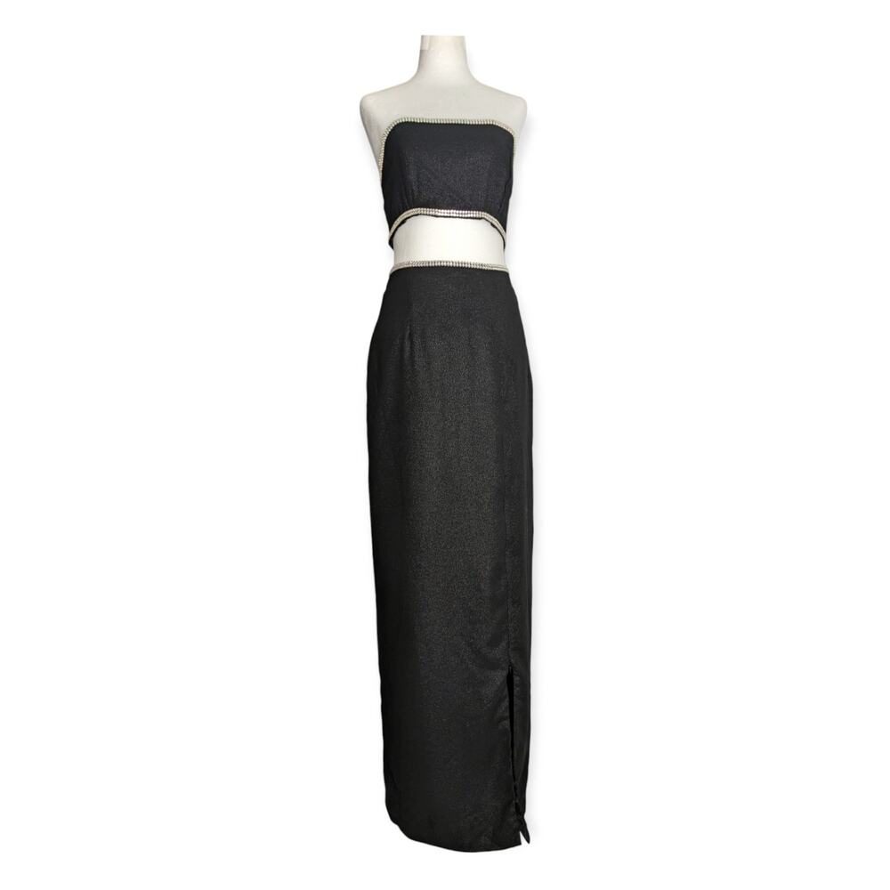 90s Rhinestone Trimmed Bandeau Maxi Formal Dress